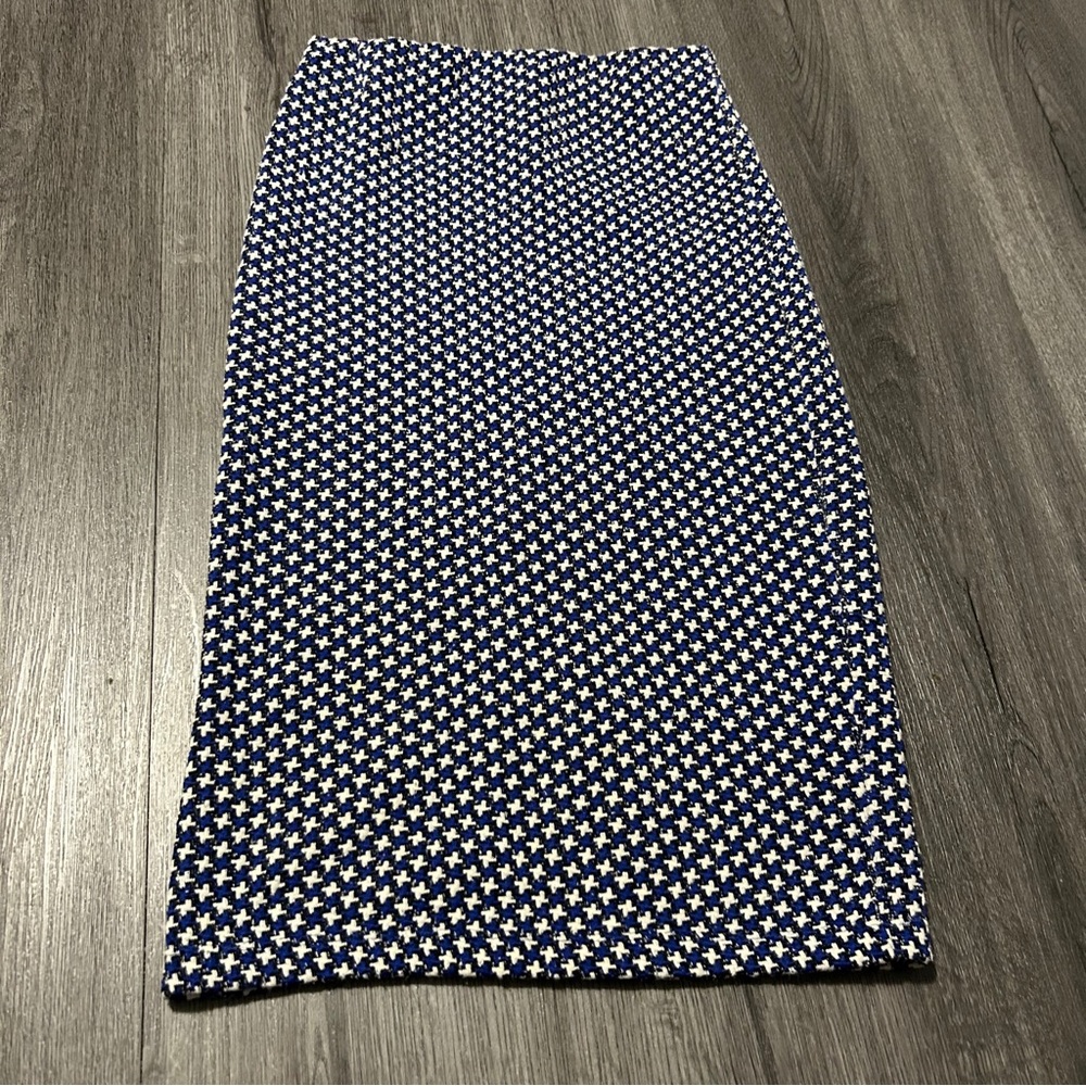 Zara Trafaluc Blue/White Geometric Pencil Midi Skirt Sz Small Office Bodycon